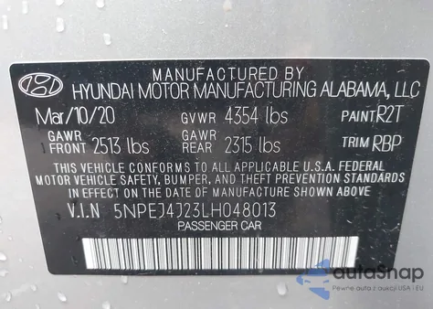 2020 Hyundai Sonata Sel Plus z USA, uszkodzony, nr VIN 5NPEJ4J23LH048013